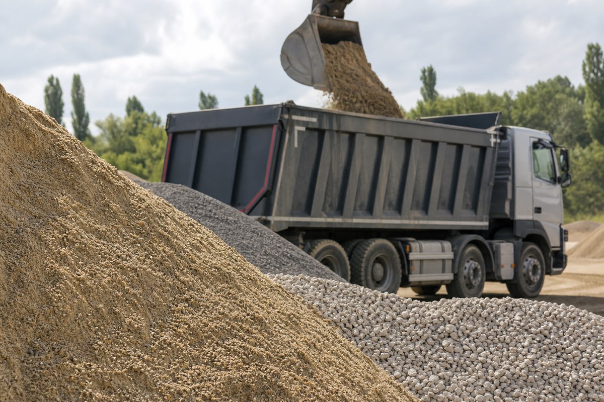 Excavator care încarcă o basculantă, cu grămezi de nisip și pietriș în prim-plan